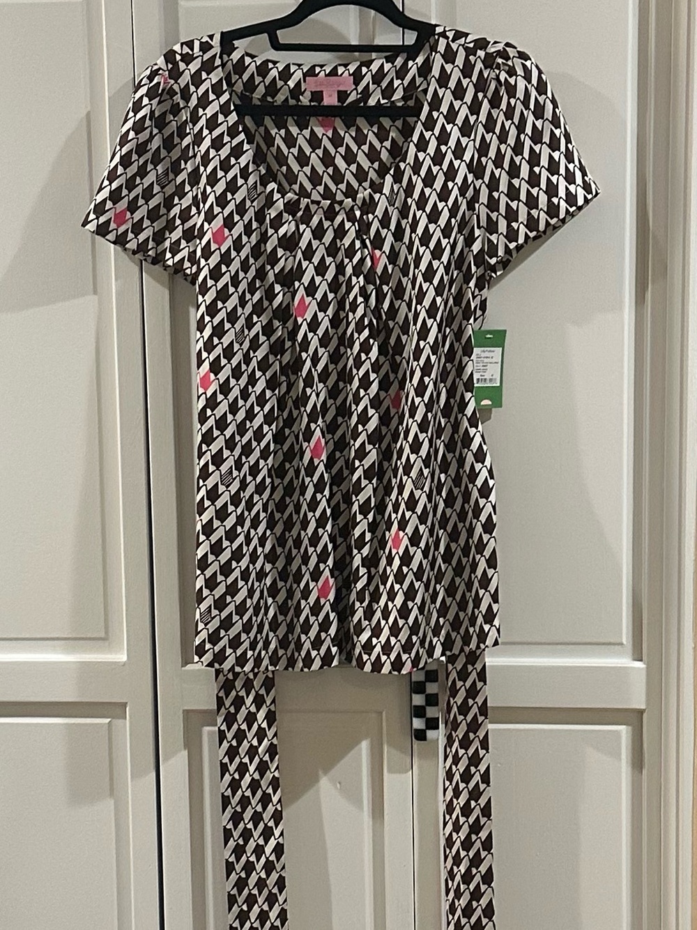 Lilly Pulitzer NWT Brown, White & Pink Short Sleeve Tie-Waist Tunic, Size M